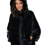 44 GIACCONE DONNA VISONE BLU INFINITY ORIZZONTALE E CAPPUCCIO MANTELLA E COULISSE