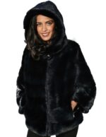 44 GIACCONE DONNA VISONE BLU INFINITY ORIZZONTALE E CAPPUCCIO MANTELLA E COULISSE