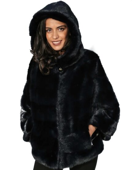 44 GIACCONE DONNA VISONE BLU INFINITY ORIZZONTALE E CAPPUCCIO MANTELLA E COULISSE