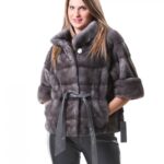 PELLICCIA GIACCA VISONE DONNA CON LAVORAZIONE ORIZZONTALE IN GRIGIO BLUE IRIS