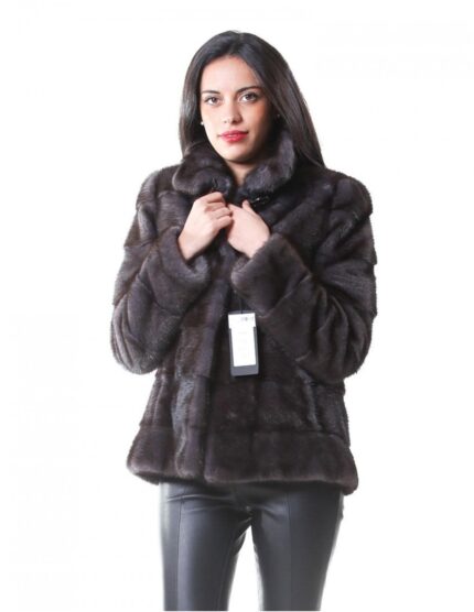 PELLICCIA GIACCA VISONE DONNA IN GRIGIO DARK GREY A PELLE INTERE ORIZZONTALE