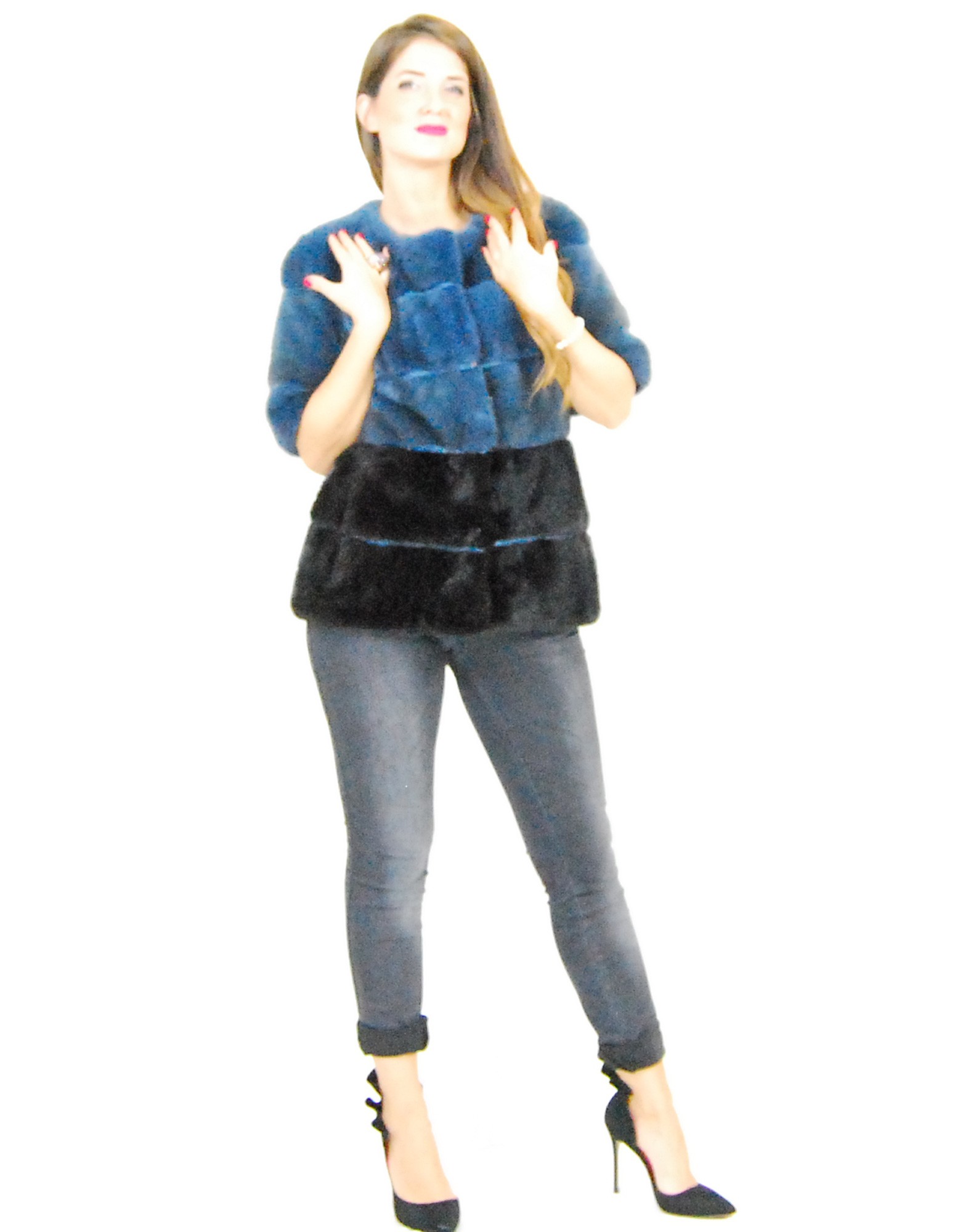 42 Blaue Jacke Nerzmantel doppelte Farbe kurze Ärmel fourrure vison 水貂皮草 fur mink Pelliccia visone mex hopka – Bild 5