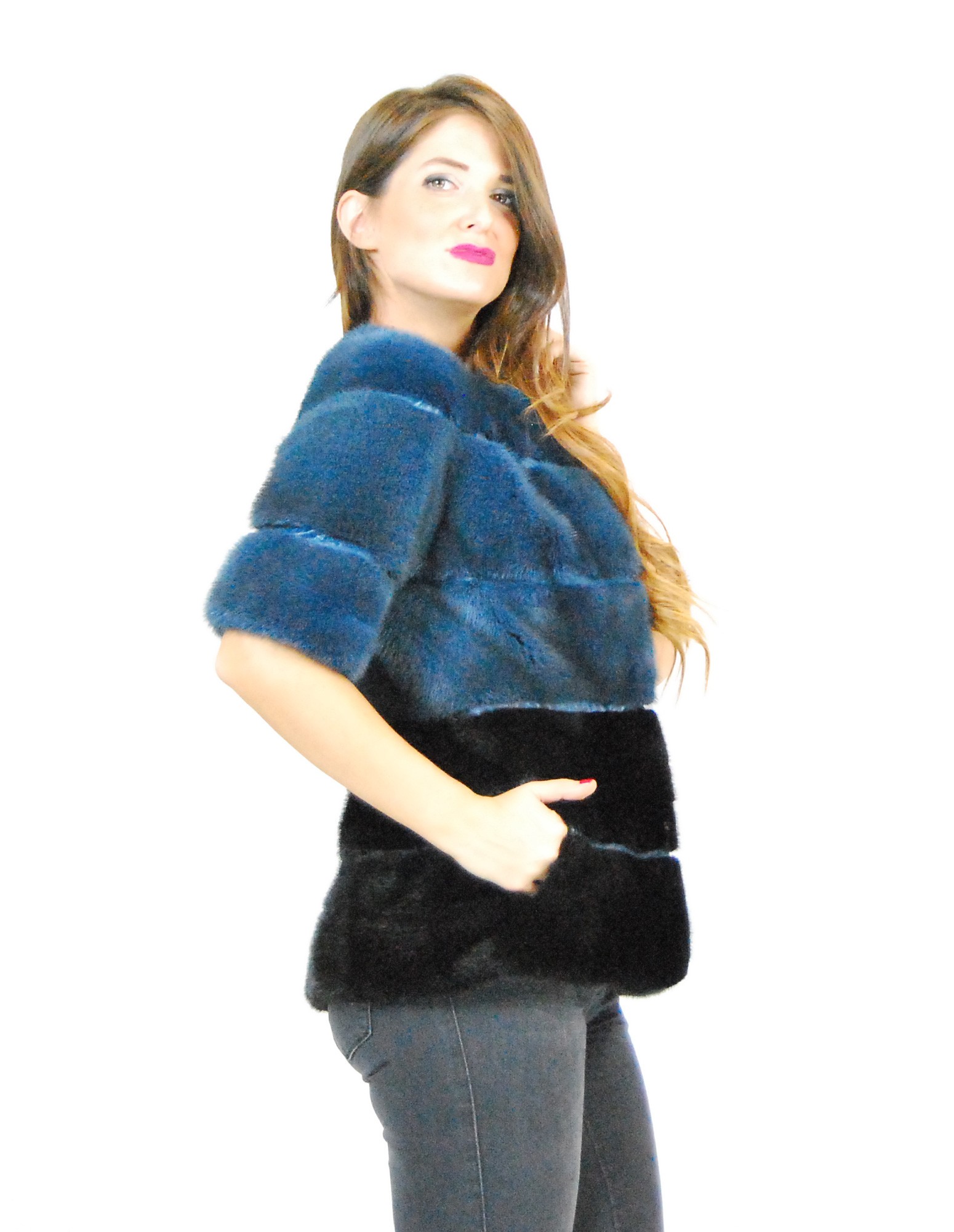 42 Blaue Jacke Nerzmantel doppelte Farbe kurze Ärmel fourrure vison 水貂皮草 fur mink Pelliccia visone mex hopka – Bild 4