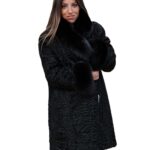 Cappotto nero lungo persiano 50 sciallato polsi volpe FUR MEX PELZ FOURRURE 毛皮
