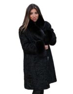 Cappotto nero lungo persiano 50 sciallato polsi volpe FUR MEX PELZ FOURRURE 毛皮