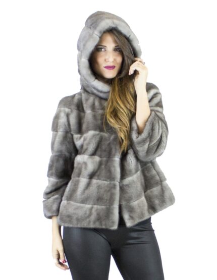 Pelliccia visone 46 blu iris giacca cappuccio vison норка fur mink Nerzpelzes fourrure