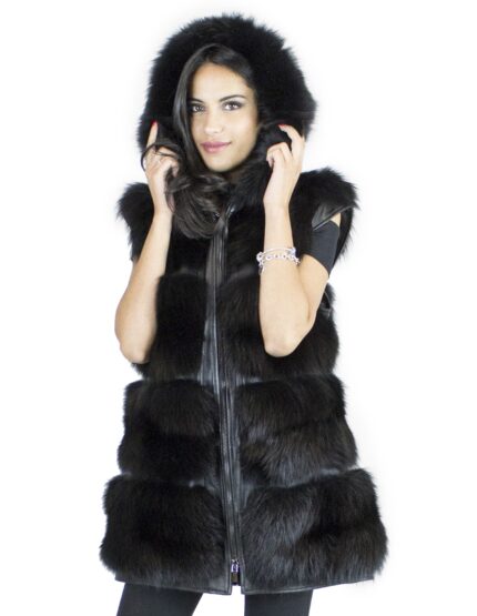 Gilet volpe nero cappuccio taglia 44 pelliccia con zip e cappuccio pelle bordato volpe