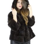 Giacca Pelliccia visone chocolate cappuccio 42 ganci manica 3/4 Nerzpelzes fourrure vison