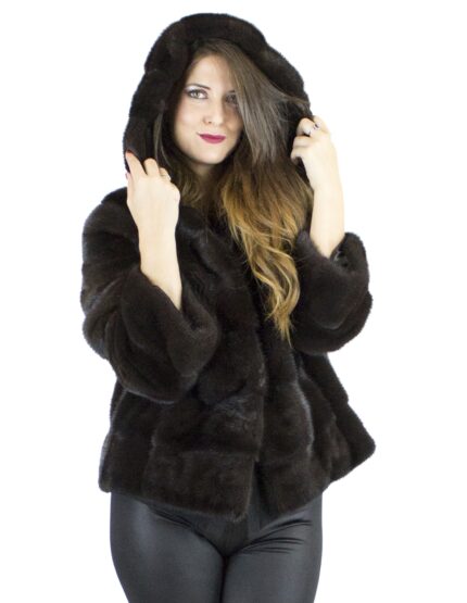 Giacca Pelliccia visone chocolate cappuccio 42 ganci manica 3/4 Nerzpelzes fourrure vison
