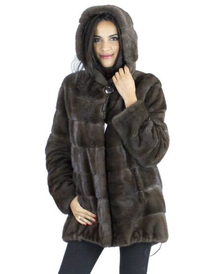 Pelliccia visone marrone brown ganci 46 cappuccio fur mink норка Nerzpelzes fourrure vison