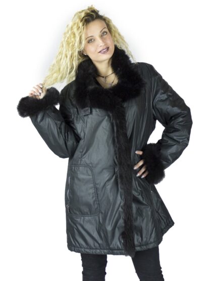 Piumino nero con collo e polsi in volpe murmasky comodo 50 fur mex pelz fourrure 毛皮