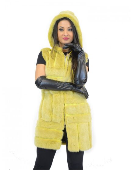 42-48 gilet donna visone yellow con lavorazione verticale e orizzontale con cappuccio e zip