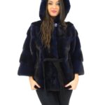 42 Pelliccia giacca visone orizzontale donna royal blue cintura e cappuccio mink fur nerz норка fourrure