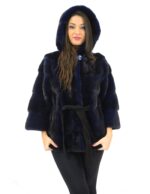 42 Pelliccia giacca visone orizzontale donna royal blue cintura e cappuccio mink fur nerz норка fourrure
