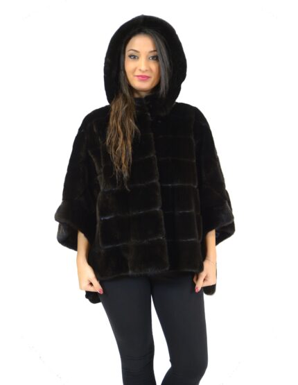 Pelliccia mantella visone black velvet con cappuccio e fondo doppio taglio 46 mink fur nerz норка fourrure