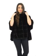 Black velvet mink cape fur coat with hood and double cut hem 46 visone fur nerz норка fourrure - Image 4