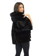Black velvet mink cape fur coat with hood and double cut hem 46 visone fur nerz норка fourrure - Image 6