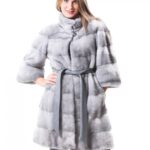 PELLICCIA CAPPOTTO DONNA VISONE ZAFFIRO CON LAVORAZIONE ORIZZONTALE