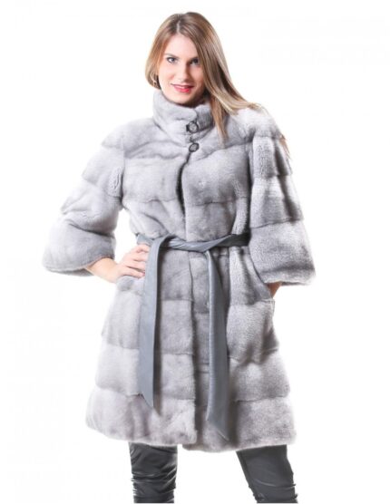 PELLICCIA CAPPOTTO DONNA VISONE ZAFFIRO CON LAVORAZIONE ORIZZONTALE