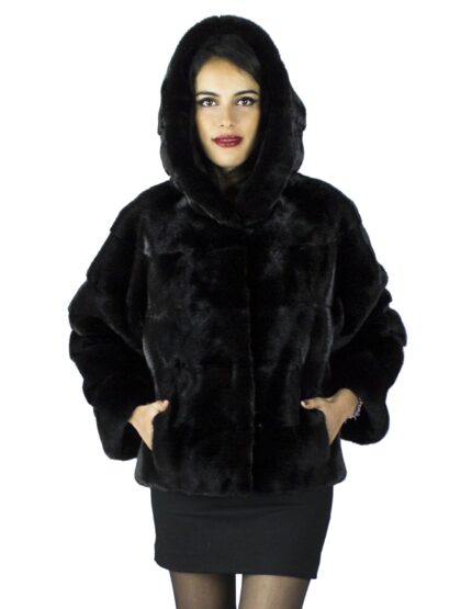 46 giaccone pelliccia visone black con cappuccio fur mink Pelz mex hopkn fourrure vison 水貂皮草