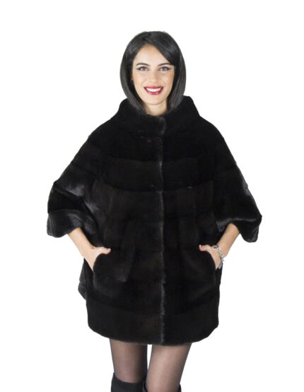 46 cappottino pelliccia nera visone collo cratere mantella fur mink Pelz mex hopkn fourrure vison 水貂皮草