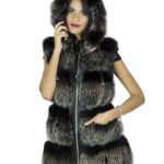 Smanicato volpe nappa acciaio cappuccio 40 sfumato pelliccia donna chiusura zip cappuccio