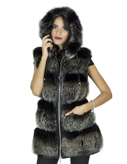 Smanicato volpe nappa acciaio cappuccio 40 sfumato pelliccia donna chiusura zip cappuccio