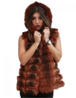 Pelliccia gilet di marmotta color ruggine lavorazione orizzontale con cappuccio