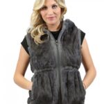 Pelliccia donna smanicato lapin grigio con cappuccio zip e tasche L reversibile