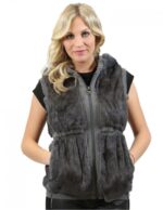 Pelliccia donna smanicato lapin grigio con cappuccio zip e tasche L reversibile