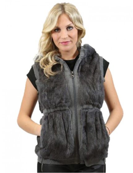Pelliccia donna smanicato lapin grigio con cappuccio zip e tasche L reversibile