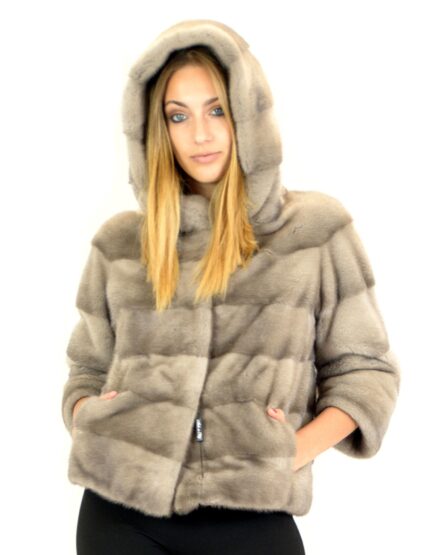 Giacca visone orizzontale silverblue cappuccio 44 mink fur Nerz fourrure de vison