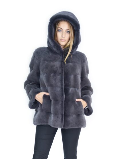 Cappotto visone orizzontale antracite cappuccio 48-50 fourrure de vison mink fur Nerz