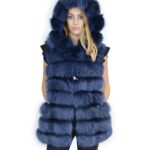 Gilet pelliccia volpe blu con pelle scamosciata e cappuccio 48 fox Fuchs renard