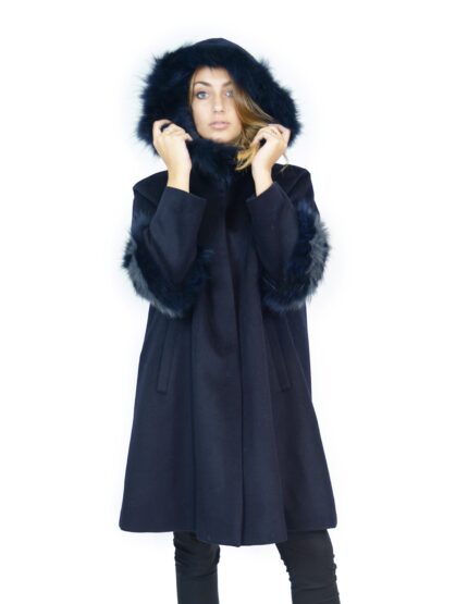 Cappotto blu cashmere e pelliccia di volpe con cappuccio 50 баранина sheepskin Hammel mouton