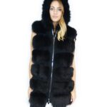 Gilet pelliccia volpe nero 50 con inserti di pelle scamosciata e cappuccio fox Fuchs renard