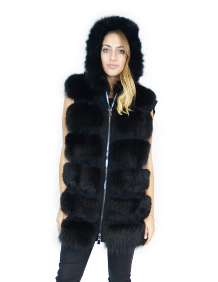 Gilet pelliccia volpe nero 50 con inserti di pelle scamosciata e cappuccio fox Fuchs renard