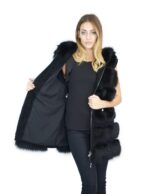 Black fox fur vest 50 with suede inserts and hood volpe Fuchs renard - Image 7