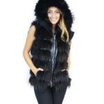 Gilet pelliccia volpe nero con cappuccio e inserti di pelle 44 Fuchs fox renard