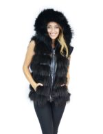 Gilet pelliccia volpe nero con cappuccio e inserti di pelle 44 Fuchs fox renard