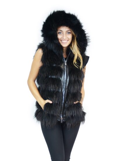 Gilet pelliccia volpe nero con cappuccio e inserti di pelle 44 Fuchs fox renard