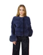 40 Giacca di visone orizzontale blu jeans con volpe ai polsi fourrure de vison mink fur Nerz