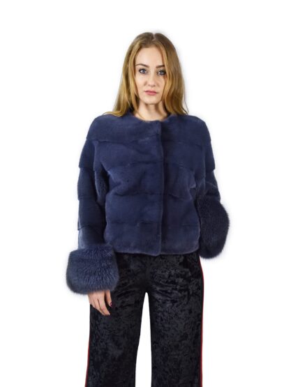 40 Giacca di visone orizzontale blu jeans con volpe ai polsi fourrure de vison mink fur Nerz