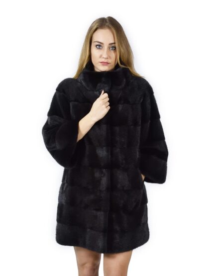 50 Cappotto di visone orizzontale grigio collo coreana 88 cm fourrure de vison mink fur Nerz