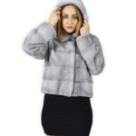 50 Giacca pelliccia visone orizzontale zaffiro cappuccio 58 cm fourrure de vison mink fur Nerz