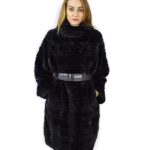 48 Cappotto visone orizzontale blu collo cappuccio cintura pelle rigida pelz nerz fur mink норка fourrure vison