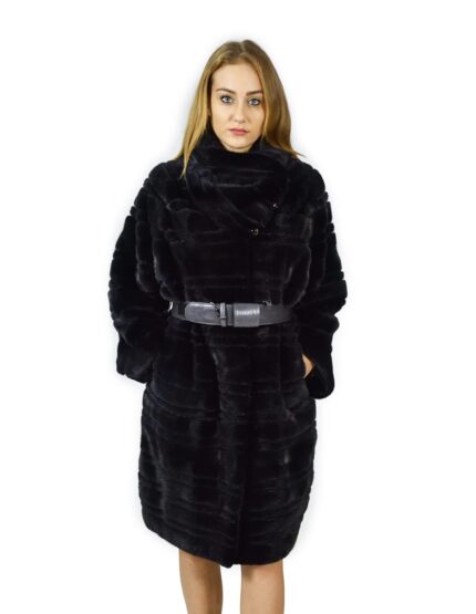 48 Cappotto visone orizzontale blu collo cappuccio cintura pelle rigida pelz nerz fur mink норка fourrure vison