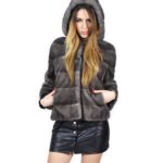 Giacca donna pelliccia 44 visone colore blue iris con cappuccio orizzontale fourrure de vison mink fur Nerz