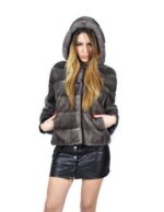 Giacca donna pelliccia 44 visone colore blue iris con cappuccio orizzontale fourrure de vison mink fur Nerz