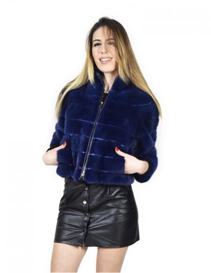 44 Giacca donna visone lapis blu orizzontale con zip e trasporto pelle vison норка fur mink Nerzpelzes fourrure